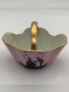 Unique Antique Bavarian Pink Handled Trinket Basket with Black Silhouette Design